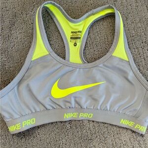 Nike Gray and Yellow Sports Bra with Racerback Design